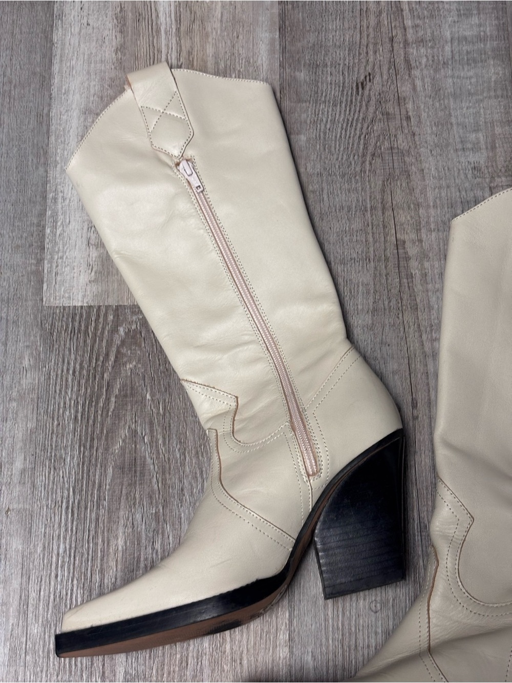 ASOS Ivory Mid-Calf Leather Cowgirl Boots with Block Heel